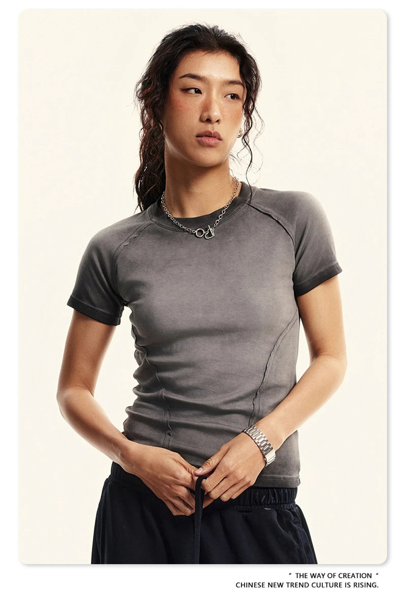 ZODF 2024 Summer Hotweet Washed T Shirt For Women Girls Gradient Raglan Sleeve Comfortable Short Tees Brand Tees HY0826