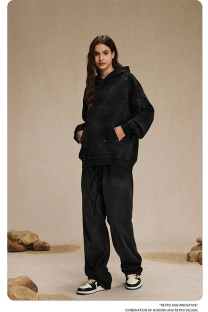 ZODF Autumn Winter Spray Dyeing Ink Splashing Hoodies For Men Unisex 450gsm Washed Oversized Knitted Hooded Pullovers HY0908