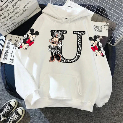 2024 Women's Winter Jacket Cute Kawaii Disney Mickey Mouse Lucky Letters Print White Hoodie Fashion Couple Streetwear Sportswear