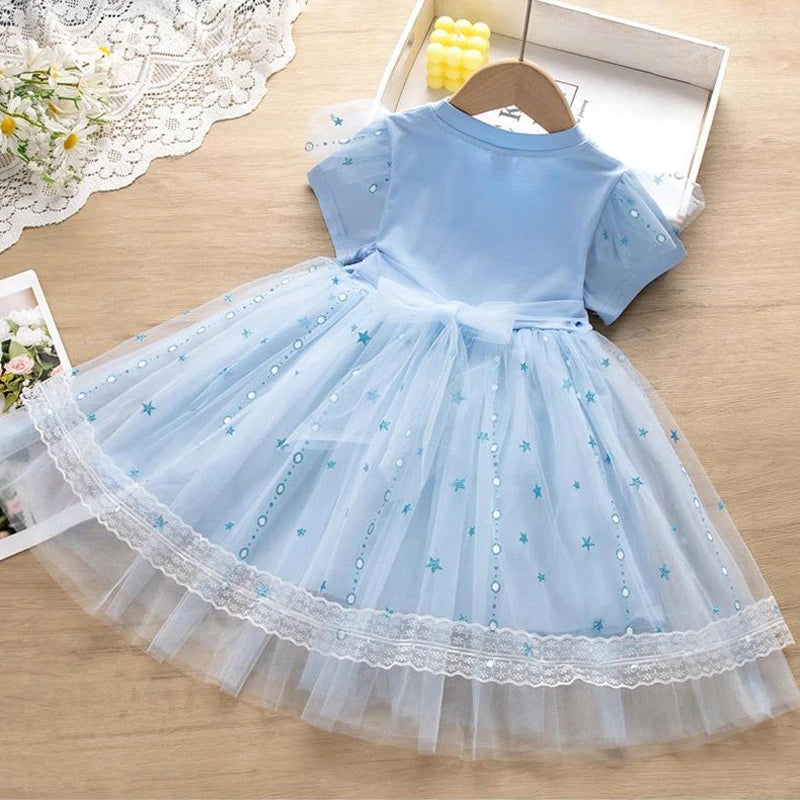 MINISO Girls Dress Blue Toddler Girl Mesh Lace Dress Summer Infant Fuffy Tulle Tutu Frozen Princess Dress 2 to 3 4 5 6 7 8Years