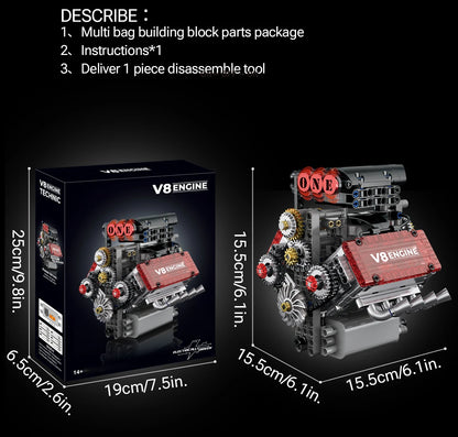 Brick V8 Engine Motorized Simulation Model Electrically Drive Building Blocks Technical Car Parts Creative Toys Gifts Boys Adult