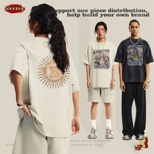 ZODF 2024 Summer 310GSM Cotton T-Shirts For Men Unisex Washed Comfortable High Street Printing T Shirt Tees HY0463
