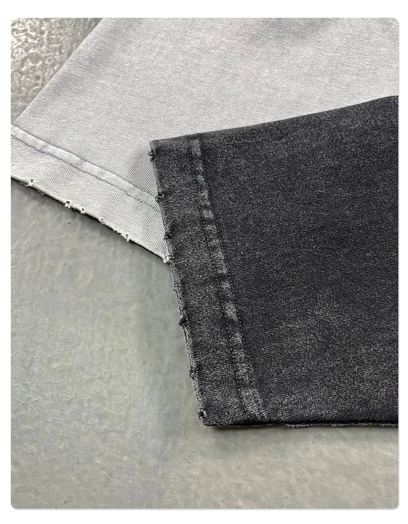 ZODF Retro Fake 2-Piece Cotton T-Shirts For Man Unisex Distressed Full Sleeve Washed O Neck T Shirt Brand Tees HY1156