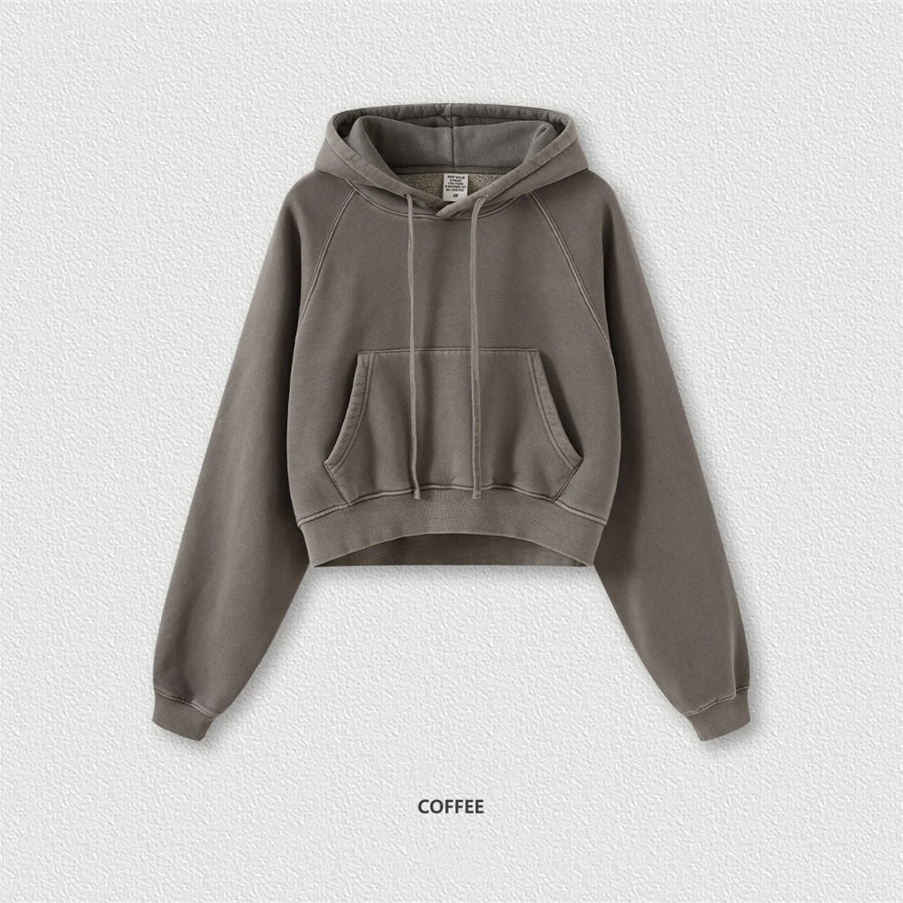 ZODF Women Hotsweet 2025 Winter Washed Fleece Crop Hoodies Girls Oversized Raglan Sleeve 400gsm Hooded Pullovers HY0648