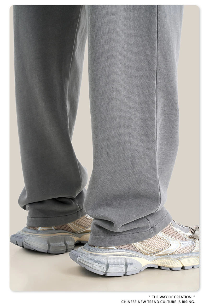 ZODF Retro Men Autumn Washed 380gsm Cotton Unisex High Street Oversized Solid Sport Straight Pants HY0885