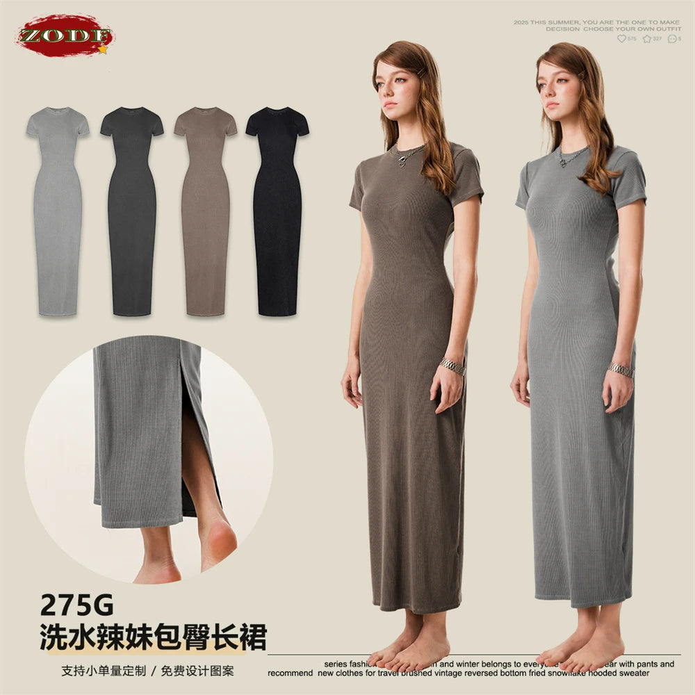 ZODF Sexy 2025 Spring Women 275gsm Long Dress Female Girls O Neck Washed Distressed Slim Slit Fit Dresses HY1008