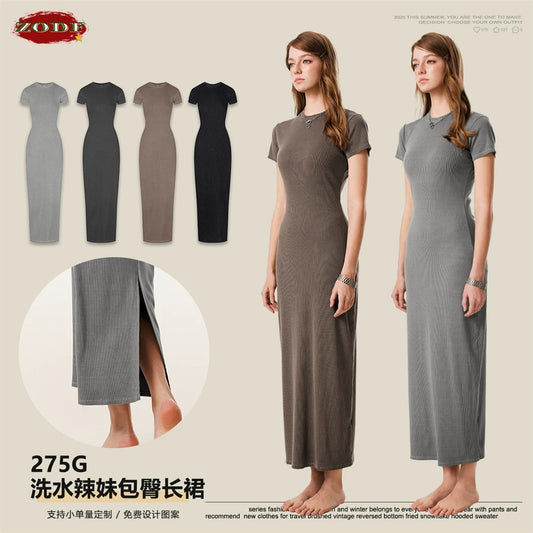 ZODF Sexy 2025 Spring Women 275gsm Long Dress Female Girls O Neck Washed Distressed Slim Slit Fit Dresses HY1008