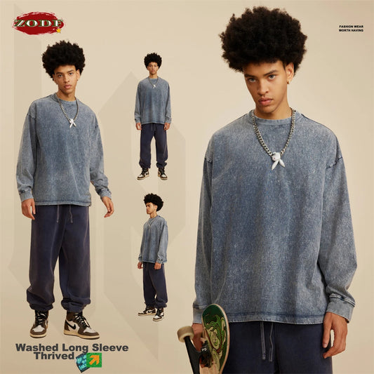 ZODF Retro 2025 Men Autumn Batik Washed T Shirt Unisex Oversized Basic Long Sleeve Solid 270gsm Cotton T-Shirts Tees HY0641