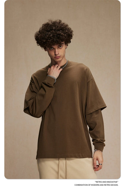 ZODF Fashion Spring Autumn Men 100% Cotton T-Shirt Unisex Fake 2-Piece 305gsm Solid Full Sleeve O Neck T Shirt Brand Tees HY0925