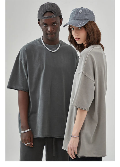 ZODF 2025 High Street Men Batik Washed Solid T Shirts Unisex Summer Loose Edge Noshrink 275gsm Cotton T-Shirt Streetwears HY0466