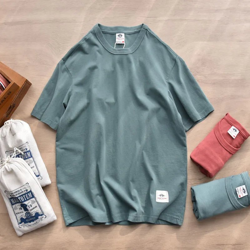 Summer New American Retro Short-sleeved O-neck Soild Color T-shirt Men's Fashion Simple 100% Cotton Washed Casual Sport Tops