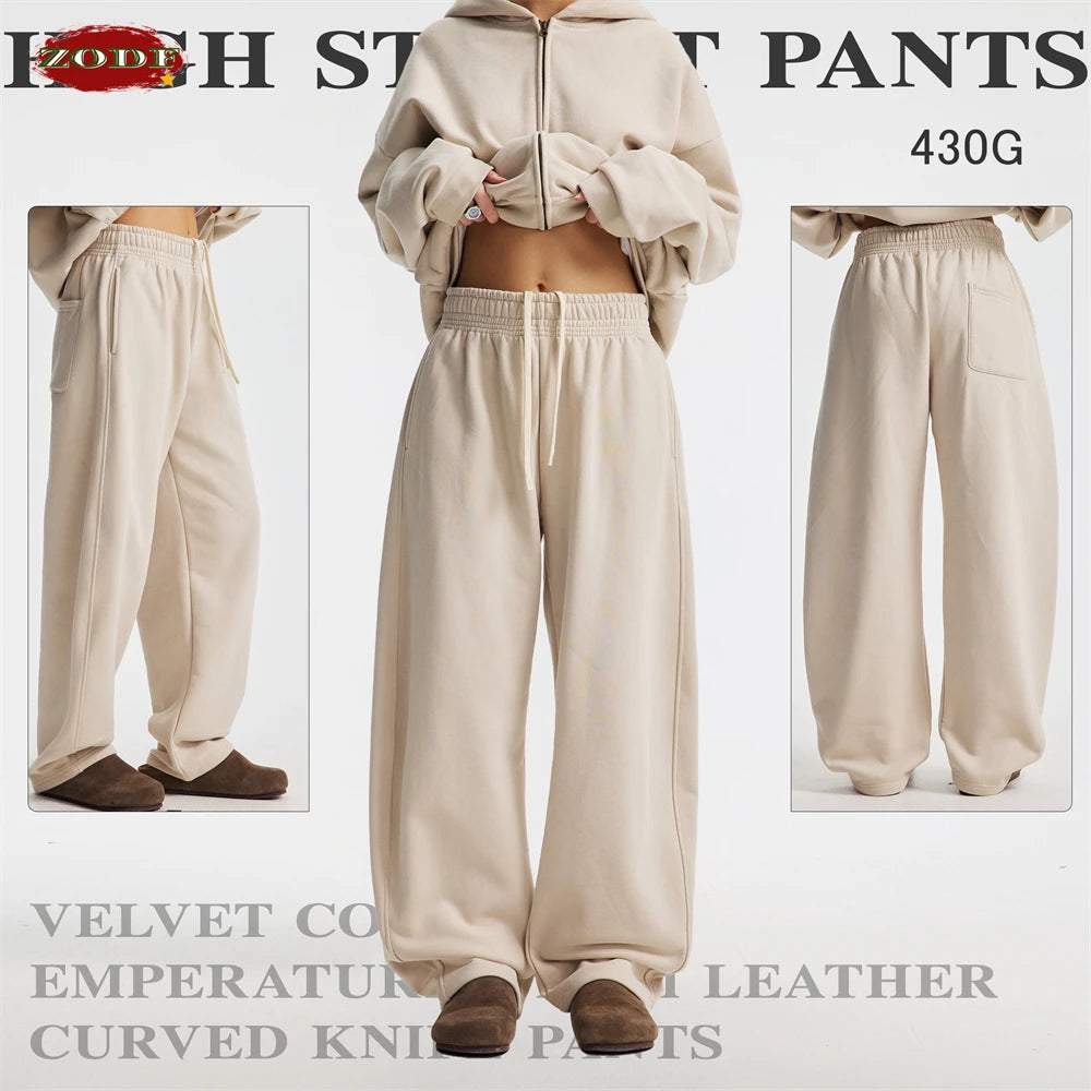 ZODF 2025 Winter 430gsm Unisex Fleece Straight Sweatpants Thick Warm Casual Oversized Trousers HY1170
