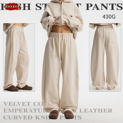 ZODF 2025 Winter 430gsm Unisex Fleece Straight Sweatpants Thick Warm Casual Oversized Trousers HY1170