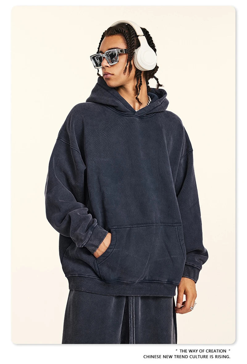 ZODF Retro Men’s Winter Washed Fleece Hoodie 360gsm Warm Knitted Loose Hooded Pullover Streetwear HY0887