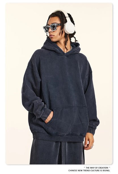 ZODF Retro Men’s Winter Washed Fleece Hoodie 360gsm Warm Knitted Loose Hooded Pullover Streetwear HY0887