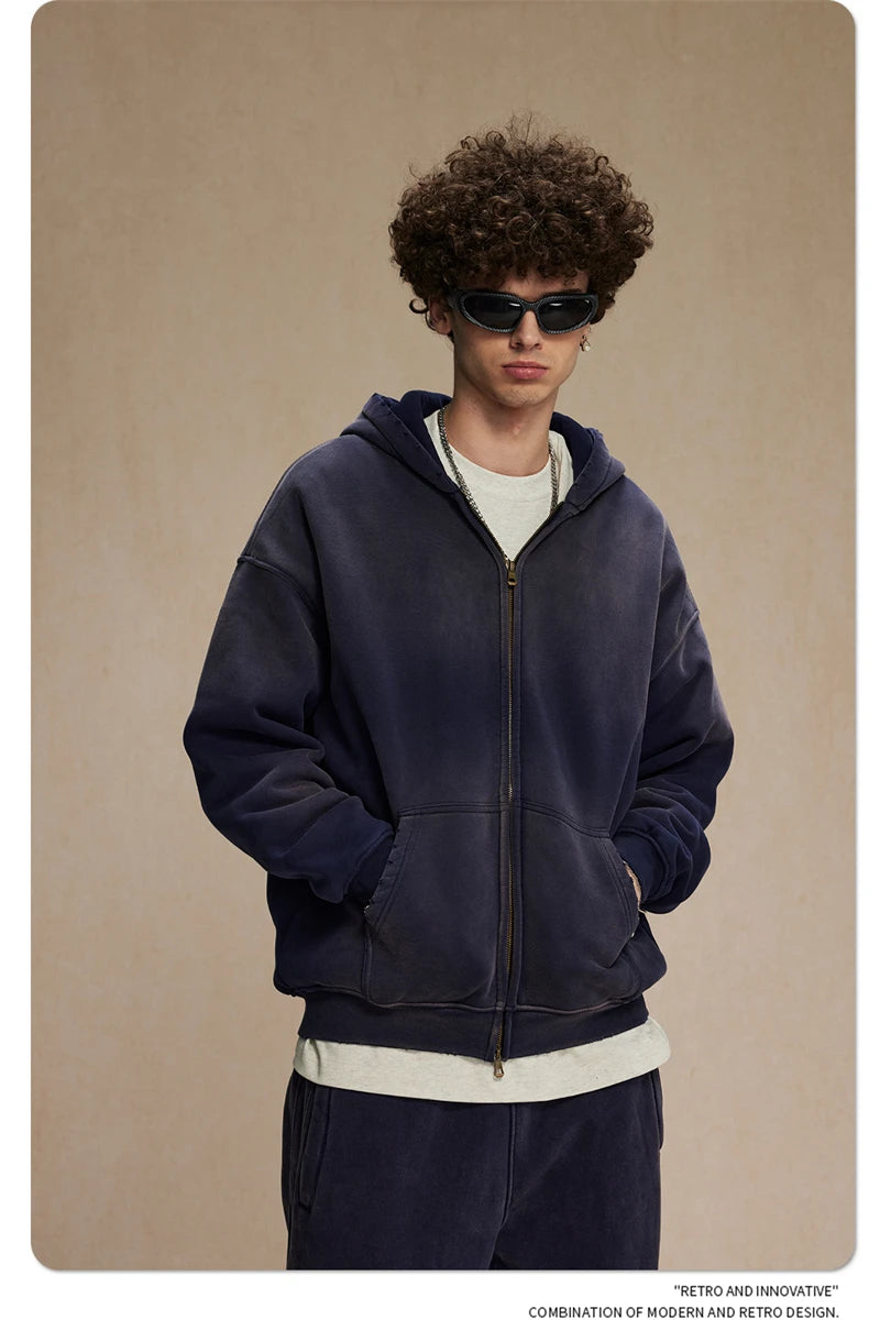 ZODF Retro Winter Men Spray-Dyed Zipper Hoodies Unisex Loose 360gsm Zipper Fleece Hooded Sweatshirt Pullovers Coats HY0719