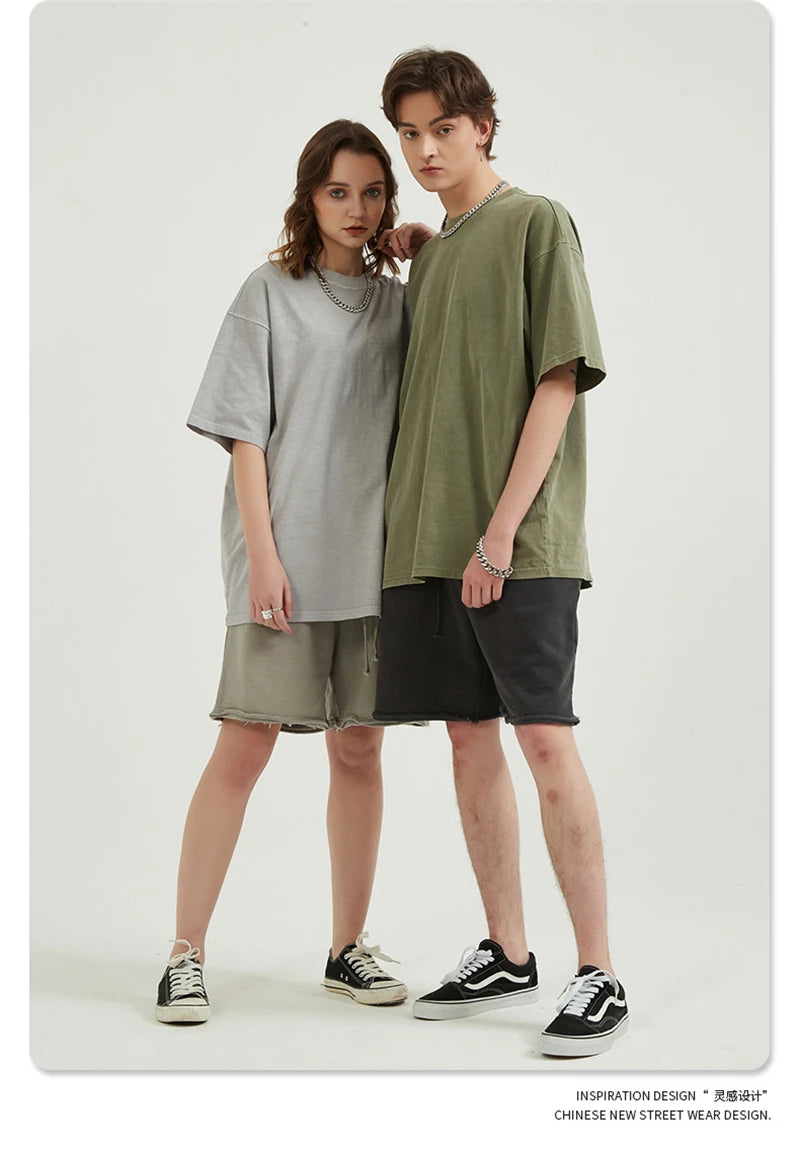 ZODF Men 2024 Retro Summer Washed Solid Cotton T-Shirts Unisex Retro Loose High Street 250gsm Basic Tees Streerwears HY0075