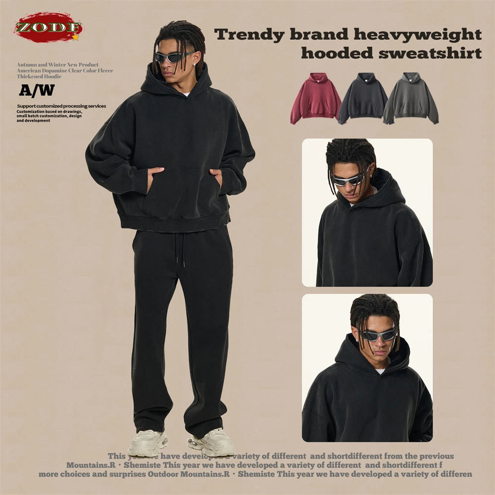 ZODF New 2025 Winter Man 350gsm Washed Fleece Hoodies Unisex Loose Boxy Style Hooded Pullovers Brand Outwears HY0041