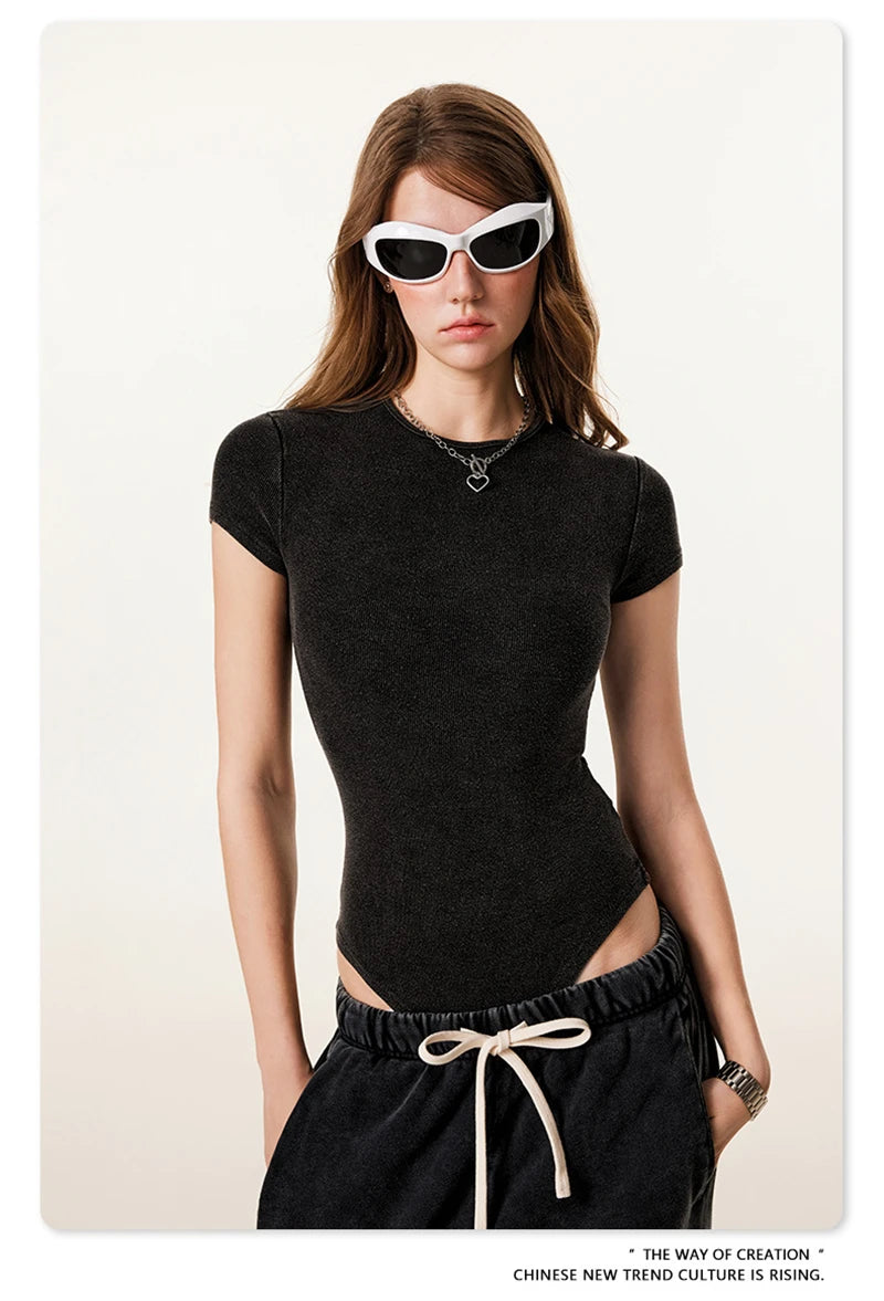 ZODF Hotsweet 2025 Women Washed Short Sleeve Bodysuits Sexy Girls Female 275gsm Slim Fit Distressed TEE Brand Tops HY1058