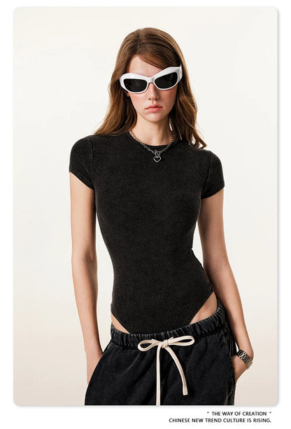 ZODF Hotsweet 2025 Women Washed Short Sleeve Bodysuits Sexy Girls Female 275gsm Slim Fit Distressed TEE Brand Tops HY1058