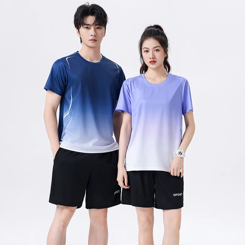 Chrlck Unisex Gradient Quick-Dry Ice Silk Fitness T-Shirt and Shorts Set for Running Gym Training