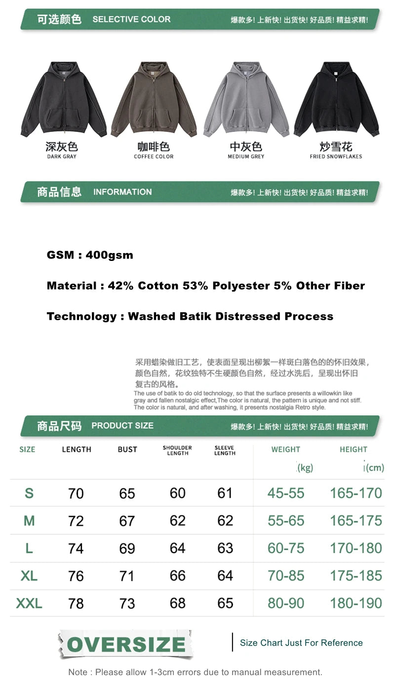 ZODF Retro 2025 Autumn Winter Unisex Zipper Fleece Hoodie 400gsm Washed Batik Warm Hooded Coat HY1084