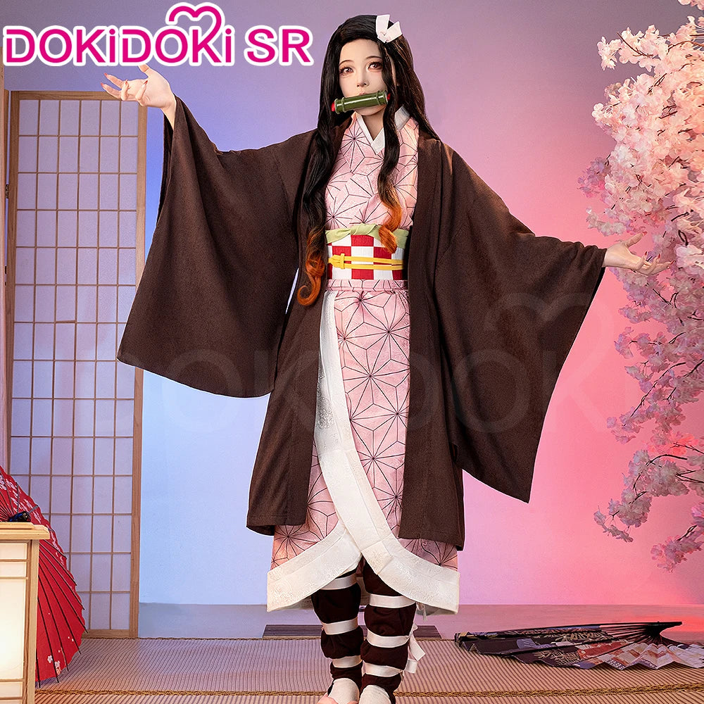 IN STOCK Kamadoo Nezukoo Cosplay Costume Anime DokiDoki-SR Women Pink Kimono Nezukoo Halloween Cosplay Wig Props