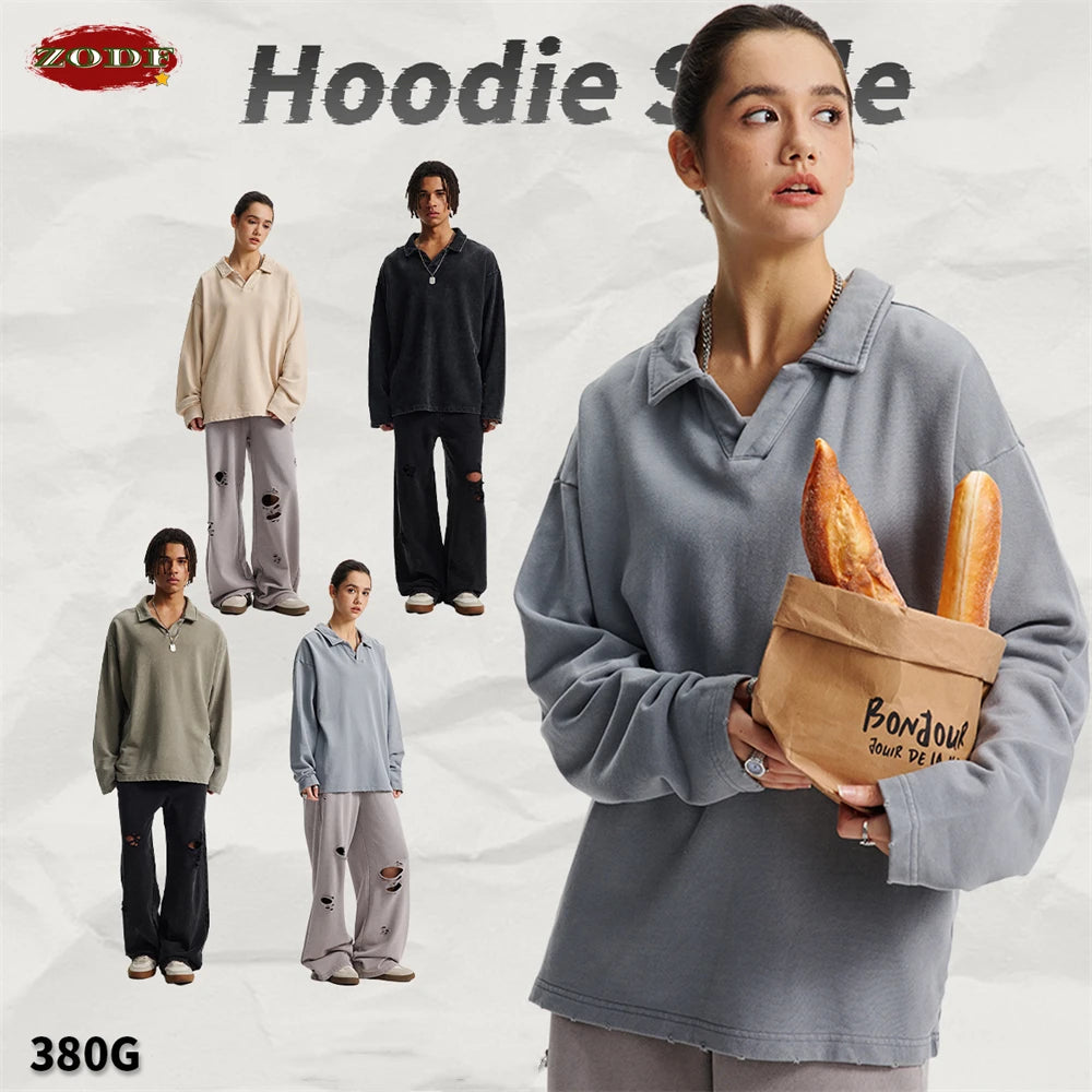 ZODF Retro Heavy Weight 400gsm Washed Cotton T-Shirts For Man Unisex Full Sleeve Turn Down Collar T Shirt Brand Tops HY1087