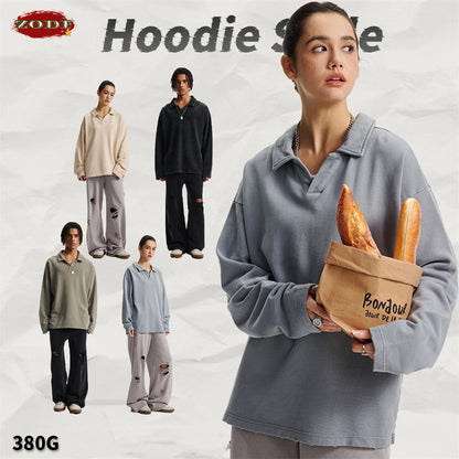 ZODF Retro Heavy Weight 400gsm Washed Cotton T-Shirts For Man Unisex Full Sleeve Turn Down Collar T Shirt Brand Tops HY1087