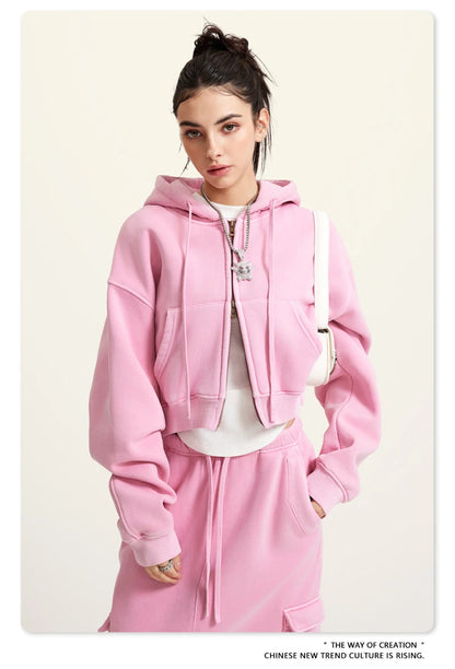 ZODF Retro 2025 Winter Women Short Zipper Hoodies Female Girls Loose 355gsm Thick Fleece Hooded Zip-up Coat Streetwears HY0448