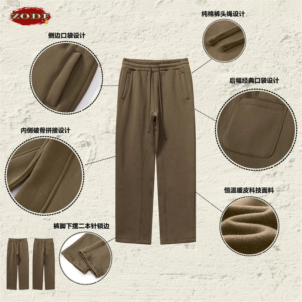 ZODF 345gsm Fleece Straight Pants for Men Unisex Loose Comfortable Sport Trousers Autumn Winter HY0864
