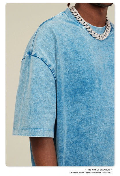 ZODF New Summer Men Washed Batik Cotton T Shirts Unisex American Retro High Street 270gsm Short Sleeve Tees Streetwear HY0489