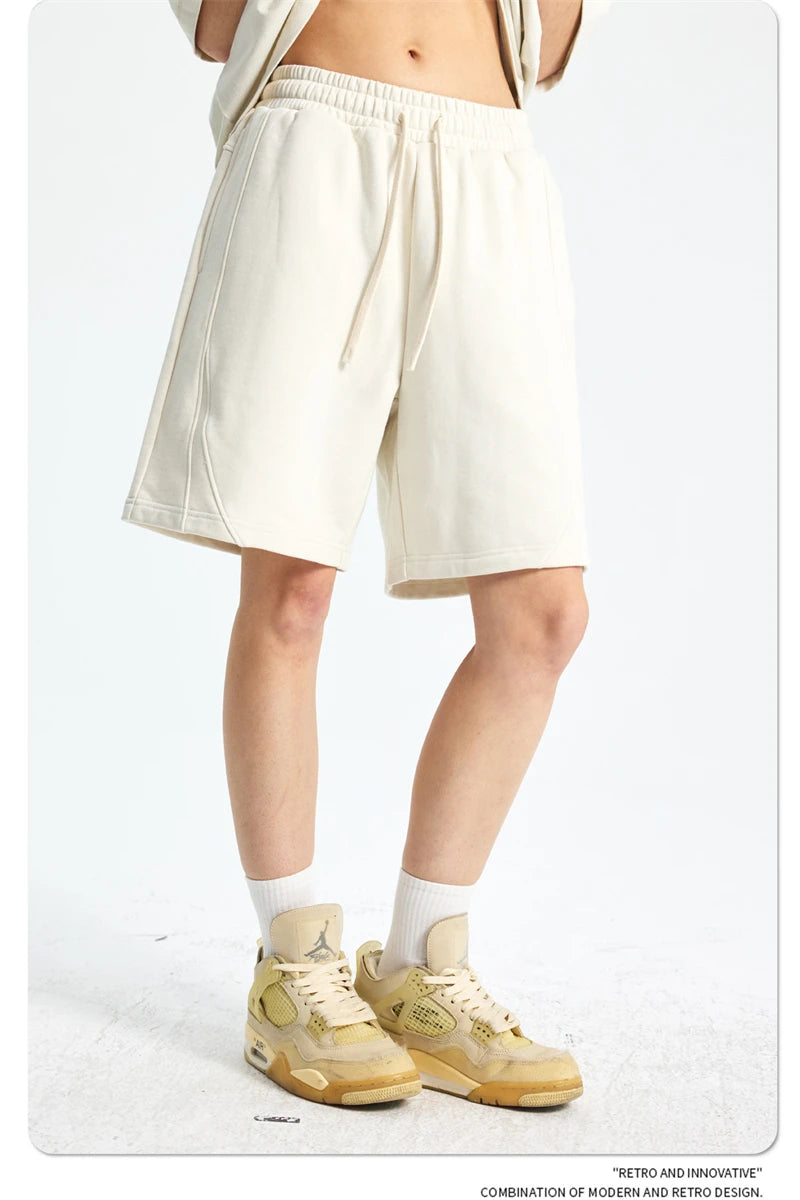 ZODF Trendy 2025 Men Summer Patchwork 345gsm Shorts Unisex Casual High Street Loose Fit Sport Solid Shorts Streetwears HY1053