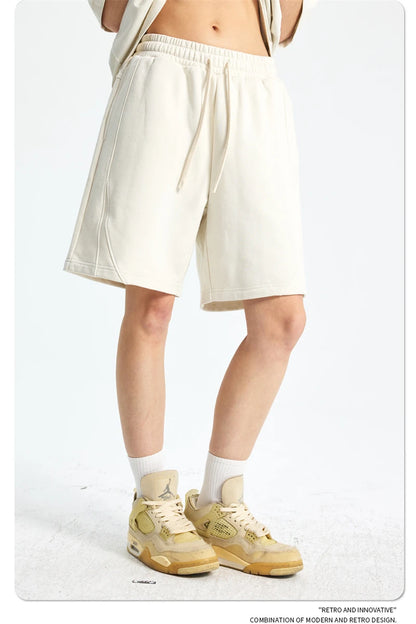 ZODF Trendy 2025 Men Summer Patchwork 345gsm Shorts Unisex Casual High Street Loose Fit Sport Solid Shorts Streetwears HY1053