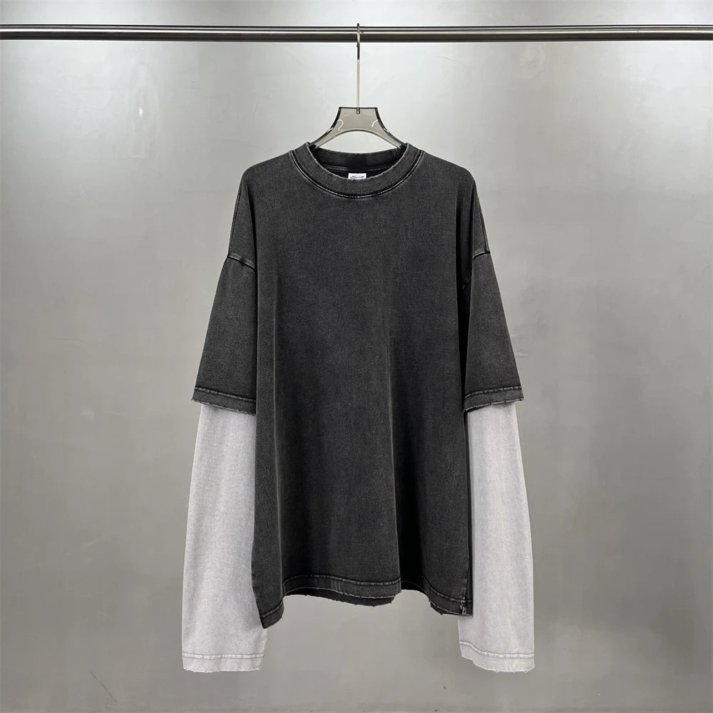 ZODF Retro Fake 2-Piece Cotton T-Shirts For Man Unisex Distressed Full Sleeve Washed O Neck T Shirt Brand Tees HY1156