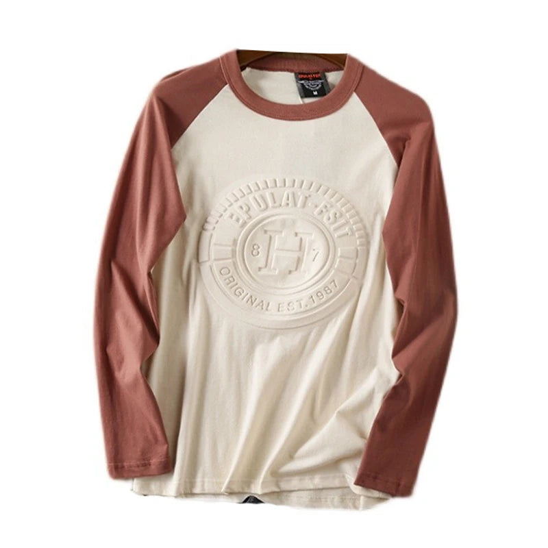 Summer New American Retro Long-sleeved O-neck 3D Letter Printed T-shirt Men's Fashion Simple 100%Cotton Washed Casual Sport Tops