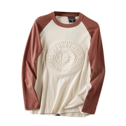 Summer New American Retro Long-sleeved O-neck 3D Letter Printed T-shirt Men's Fashion Simple 100%Cotton Washed Casual Sport Tops