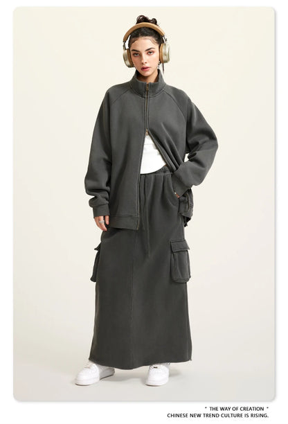 ZODF Retro Winter Men Washed Fleece Zipper Jackets Unisex Loose Oversized 400gsm Raglan Sleeve Coats Streetwears HY0649