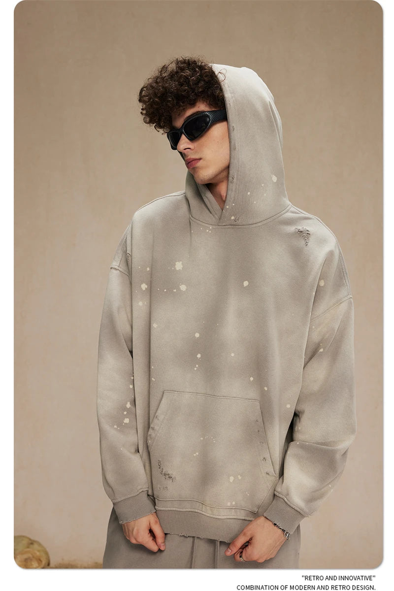ZODF Autumn Winter Spray Dyeing Ink Splashing Hoodies For Men Unisex 450gsm Washed Oversized Knitted Hooded Pullovers HY0908