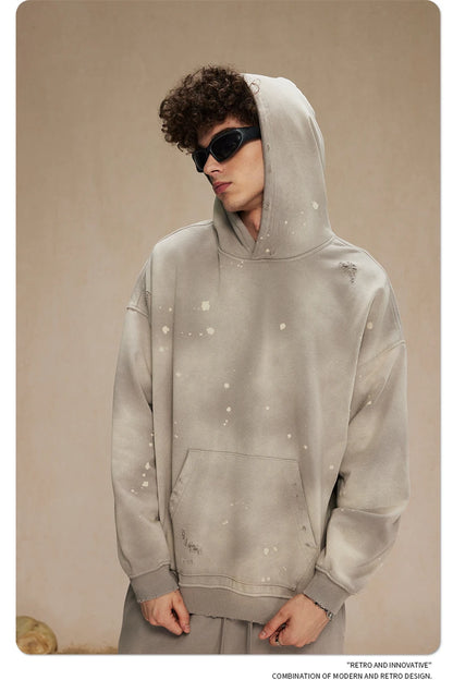 ZODF Autumn Winter Spray Dyeing Ink Splashing Hoodies For Men Unisex 450gsm Washed Oversized Knitted Hooded Pullovers HY0908