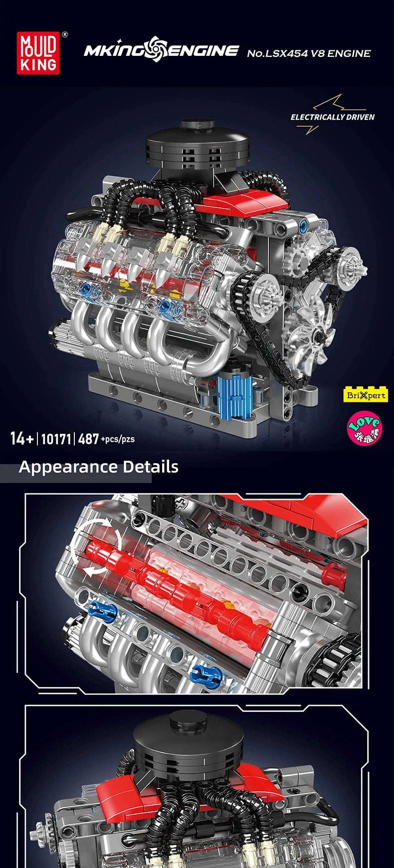 MOC Technik Electrically Driven No.V8 Engine Model Car Building Blocks Set Creative Educational Toy christmas Gifts for Boy Kids