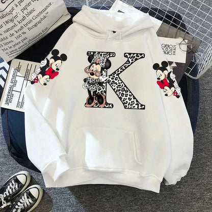 2024 Women's Winter Jacket Cute Kawaii Disney Mickey Mouse Lucky Letters Print White Hoodie Fashion Couple Streetwear Sportswear