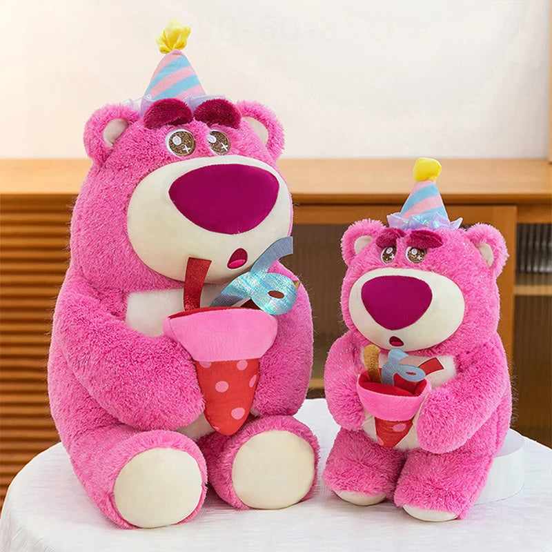 Disney Plush Strawberry Bear Doll with Birthday Hat Cute Stuffed Animal for Kids Birthday Xmas Gift Perfect Toy for Children And