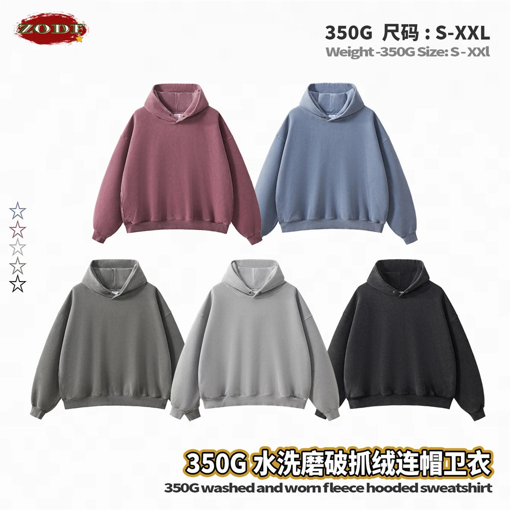 ZODF Vintage 350gsm Man Washed Boxy Fleece Hoodie Unisex Loose Ripped Warm Button Winter Hooded Pullovers Brand Clothing HY0053