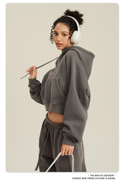 ZODF Women Hotsweet 2025 Winter Washed Fleece Crop Hoodies Girls Oversized Raglan Sleeve 400gsm Hooded Pullovers HY0648