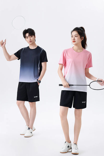 Chrlck Unisex Gradient Quick-Dry Ice Silk Fitness T-Shirt and Shorts Set for Running Gym Training