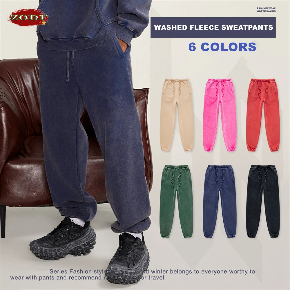 ZODF Winter Men Washed Thick Fleece 400gsm Loose Fit Joggers Sweatpants Streetwear HY0668