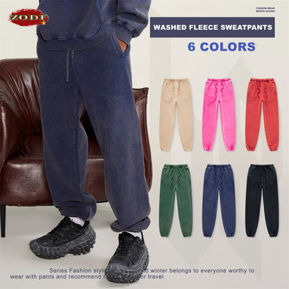 ZODF Winter Men Washed Thick Fleece 400gsm Loose Fit Joggers Sweatpants Streetwear HY0668
