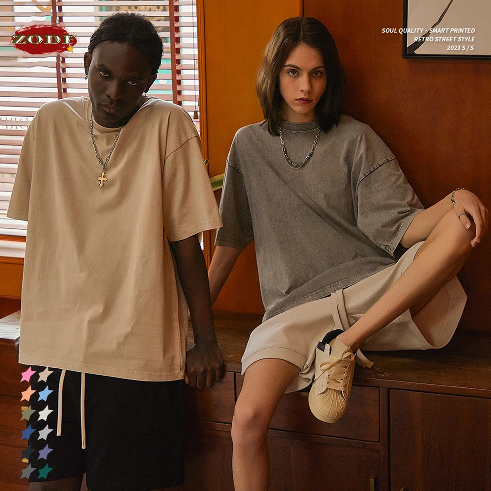 ZODF 2025 High Street Summer Washed Cotton Unisex Loose Retro Solid T-Shirt HY0113