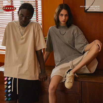 ZODF 2025 High Street Summer Washed Cotton Unisex Loose Retro Solid T-Shirt HY0113